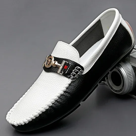 OUKU Men's White and Yellow Faux Leather Loafers with Gold Buckle – Stylish Casual Slip-On Shoes for Driving, Parties, and Daily Wear