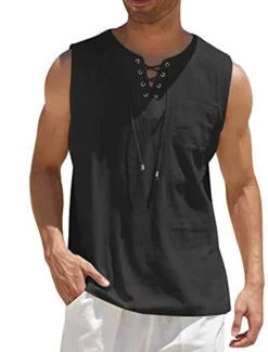 Best OUKU Men's White Cotton Shirt Summer Shirt Casual Shirt Beach Shirt Cotton Linen Shirt Plain Outdoor Vacation Black White Wine Brown Sleeveless V Neck Summer Clothing Apparel Lace up