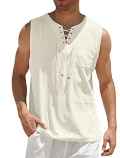 Best OUKU Men's White Cotton Shirt Summer Shirt Casual Shirt Beach Shirt Cotton Linen Shirt Plain Outdoor Vacation Black White Wine Brown Sleeveless V Neck Summer Clothing Apparel Lace up