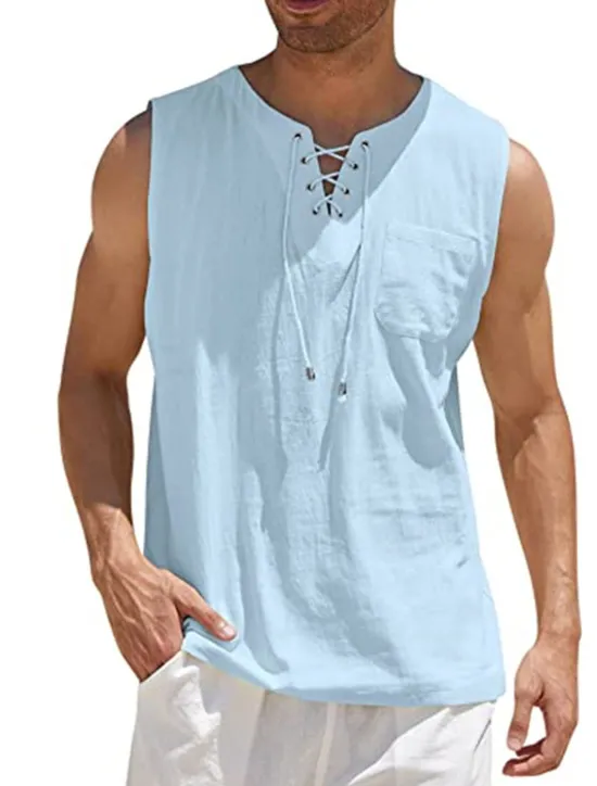 Best OUKU Men's White Cotton Shirt Summer Shirt Casual Shirt Beach Shirt Cotton Linen Shirt Plain Outdoor Vacation Black White Wine Brown Sleeveless V Neck Summer Clothing Apparel Lace up