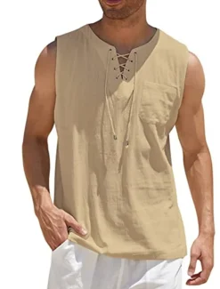 Best OUKU Men's White Cotton Shirt Summer Shirt Casual Shirt Beach Shirt Cotton Linen Shirt Plain Outdoor Vacation Black White Wine Brown Sleeveless V Neck Summer Clothing Apparel Lace up