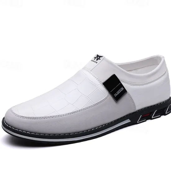 Clearance OUKU Men's Crocodile Embossed Faux LeatherSlip-On Loafers with Decorative Buckle - Stylish Casual Shoes for Business and Formal Occasions White