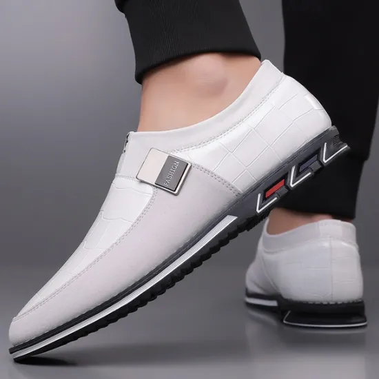Clearance OUKU Men's Crocodile Embossed Faux LeatherSlip-On Loafers with Decorative Buckle - Stylish Casual Shoes for Business and Formal Occasions White