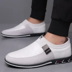 Clearance OUKU Men's Crocodile Embossed Faux LeatherSlip-On Loafers with Decorative Buckle - Stylish Casual Shoes for Business and Formal Occasions White