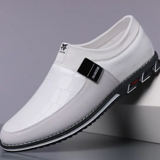 Clearance OUKU Men's Crocodile Embossed Faux LeatherSlip-On Loafers with Decorative Buckle - Stylish Casual Shoes for Business and Formal Occasions White