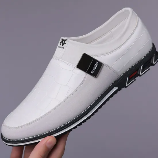 Clearance OUKU Men's Crocodile Embossed Faux LeatherSlip-On Loafers with Decorative Buckle - Stylish Casual Shoes for Business and Formal Occasions White
