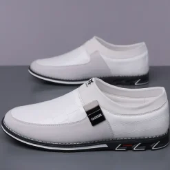 Clearance OUKU Men's Crocodile Embossed Faux LeatherSlip-On Loafers with Decorative Buckle - Stylish Casual Shoes for Business and Formal Occasions White