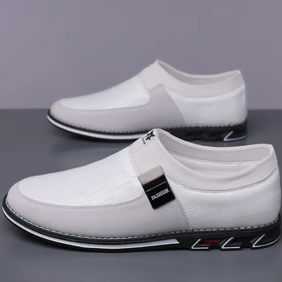 Clearance OUKU Men's Crocodile Embossed Faux LeatherSlip-On Loafers with Decorative Buckle - Stylish Casual Shoes for Business and Formal Occasions White