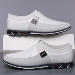 Clearance OUKU Men's Crocodile Embossed Faux LeatherSlip-On Loafers with Decorative Buckle - Stylish Casual Shoes for Business and Formal Occasions White