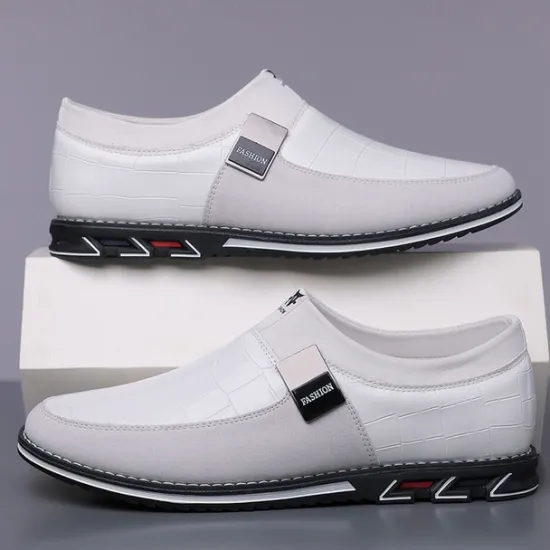 Clearance OUKU Men's Crocodile Embossed Faux LeatherSlip-On Loafers with Decorative Buckle - Stylish Casual Shoes for Business and Formal Occasions White