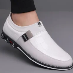 Clearance OUKU Men's Crocodile Embossed Faux LeatherSlip-On Loafers with Decorative Buckle - Stylish Casual Shoes for Business and Formal Occasions White