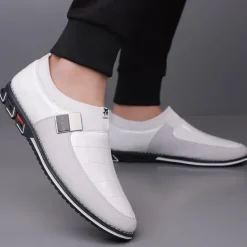 Clearance OUKU Men's Crocodile Embossed Faux LeatherSlip-On Loafers with Decorative Buckle - Stylish Casual Shoes for Business and Formal Occasions White