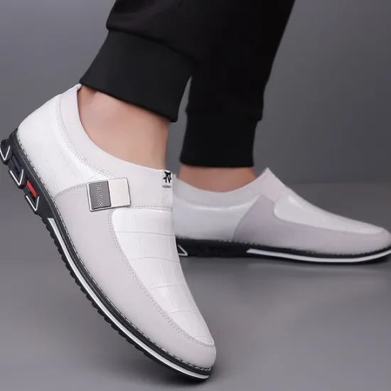 Clearance OUKU Men's Crocodile Embossed Faux LeatherSlip-On Loafers with Decorative Buckle - Stylish Casual Shoes for Business and Formal Occasions White