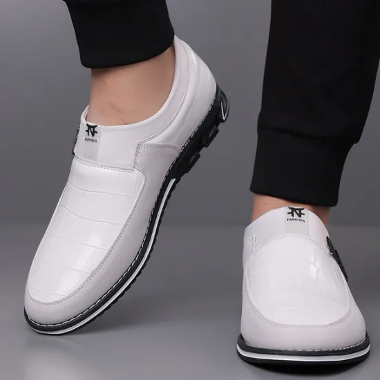 Clearance OUKU Men's Crocodile Embossed Faux LeatherSlip-On Loafers with Decorative Buckle - Stylish Casual Shoes for Business and Formal Occasions White