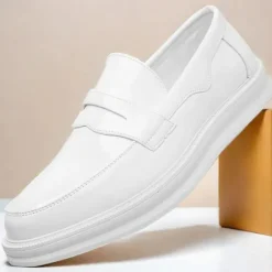 New OUKU Men's White Faux Leather Penny Loafers – Sleek Casual and Formal Shoes for Business, Parties, and Everyday Wear