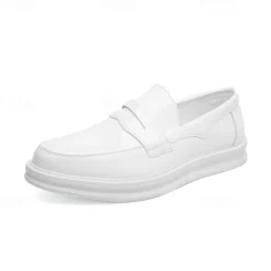 New OUKU Men's White Faux Leather Penny Loafers – Sleek Casual and Formal Shoes for Business, Parties, and Everyday Wear