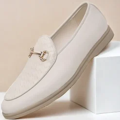 New OUKU Men's White Faux Leather Slip-On Loafers with Woven Detail and Gold Buckle – Elegant Casual Shoes for Work and Formal Occasions