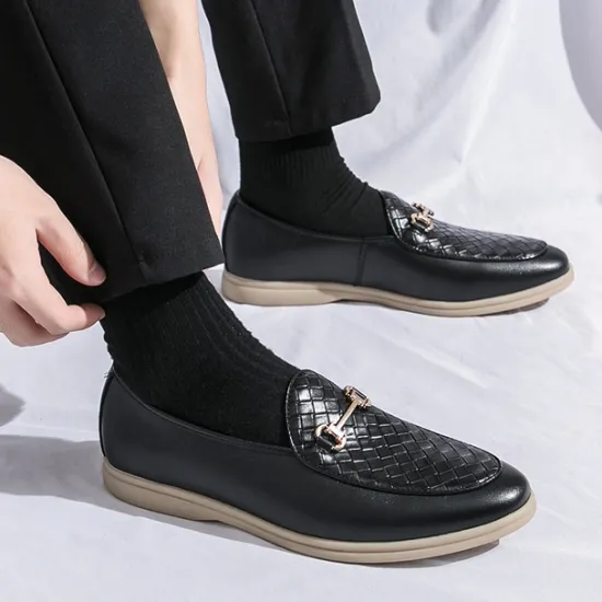 New OUKU Men's White Faux Leather Slip-On Loafers with Woven Detail and Gold Buckle – Elegant Casual Shoes for Work and Formal Occasions
