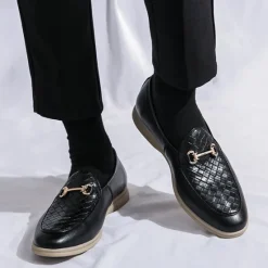 New OUKU Men's White Faux Leather Slip-On Loafers with Woven Detail and Gold Buckle – Elegant Casual Shoes for Work and Formal Occasions