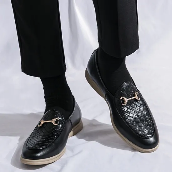 New OUKU Men's White Faux Leather Slip-On Loafers with Woven Detail and Gold Buckle – Elegant Casual Shoes for Work and Formal Occasions