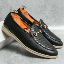 New OUKU Men's White Faux Leather Slip-On Loafers with Woven Detail and Gold Buckle – Elegant Casual Shoes for Work and Formal Occasions