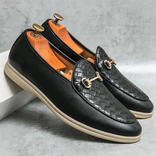 New OUKU Men's White Faux Leather Slip-On Loafers with Woven Detail and Gold Buckle – Elegant Casual Shoes for Work and Formal Occasions