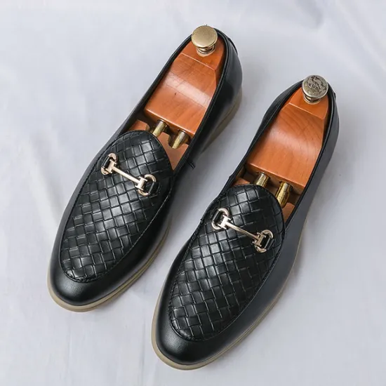New OUKU Men's White Faux Leather Slip-On Loafers with Woven Detail and Gold Buckle – Elegant Casual Shoes for Work and Formal Occasions