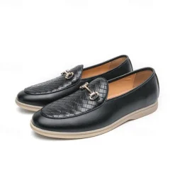 New OUKU Men's White Faux Leather Slip-On Loafers with Woven Detail and Gold Buckle – Elegant Casual Shoes for Work and Formal Occasions