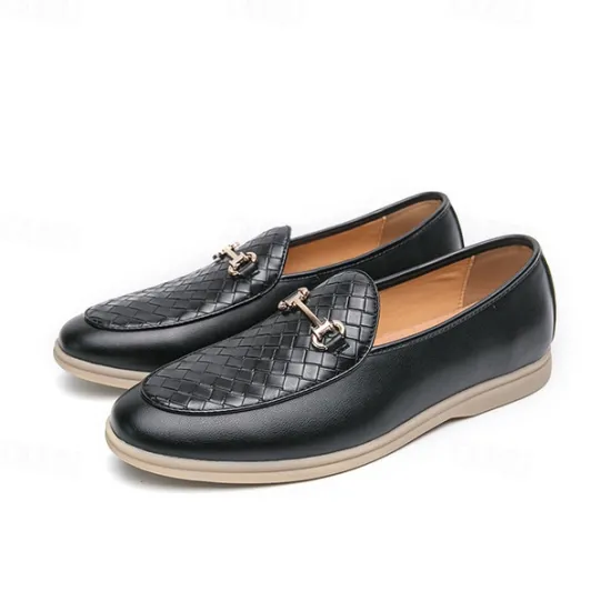 New OUKU Men's White Faux Leather Slip-On Loafers with Woven Detail and Gold Buckle – Elegant Casual Shoes for Work and Formal Occasions