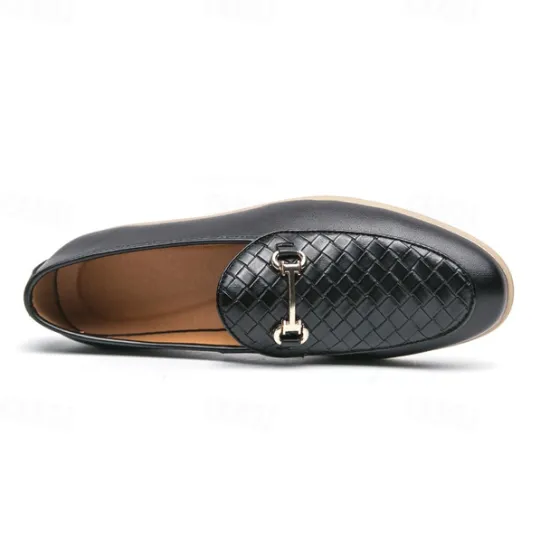 New OUKU Men's White Faux Leather Slip-On Loafers with Woven Detail and Gold Buckle – Elegant Casual Shoes for Work and Formal Occasions