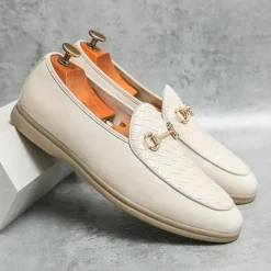 New OUKU Men's White Faux Leather Slip-On Loafers with Woven Detail and Gold Buckle – Elegant Casual Shoes for Work and Formal Occasions