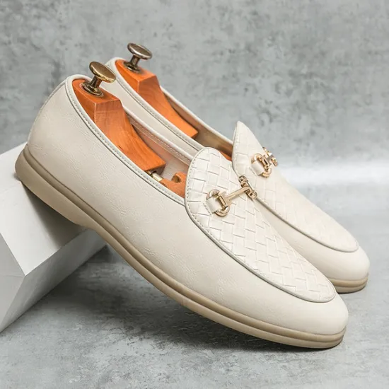 New OUKU Men's White Faux Leather Slip-On Loafers with Woven Detail and Gold Buckle – Elegant Casual Shoes for Work and Formal Occasions