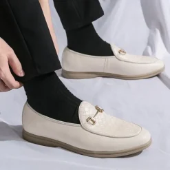 New OUKU Men's White Faux Leather Slip-On Loafers with Woven Detail and Gold Buckle – Elegant Casual Shoes for Work and Formal Occasions