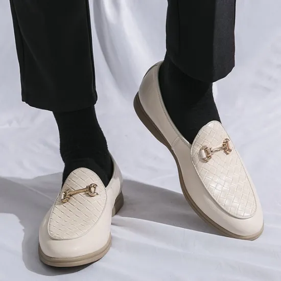 New OUKU Men's White Faux Leather Slip-On Loafers with Woven Detail and Gold Buckle – Elegant Casual Shoes for Work and Formal Occasions