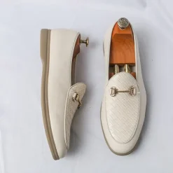 New OUKU Men's White Faux Leather Slip-On Loafers with Woven Detail and Gold Buckle – Elegant Casual Shoes for Work and Formal Occasions