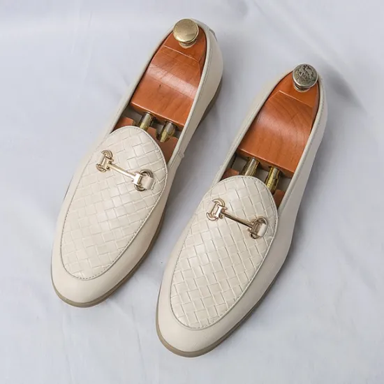 New OUKU Men's White Faux Leather Slip-On Loafers with Woven Detail and Gold Buckle – Elegant Casual Shoes for Work and Formal Occasions