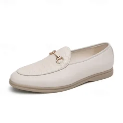 New OUKU Men's White Faux Leather Slip-On Loafers with Woven Detail and Gold Buckle – Elegant Casual Shoes for Work and Formal Occasions