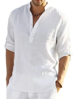 Hot OUKU Men's white Linen Shirt Plain V Neck Maroon Black White Army Green Navy Blue Daily Going out Long Sleeve Clothing Apparel Fashion Designer Business Elegant