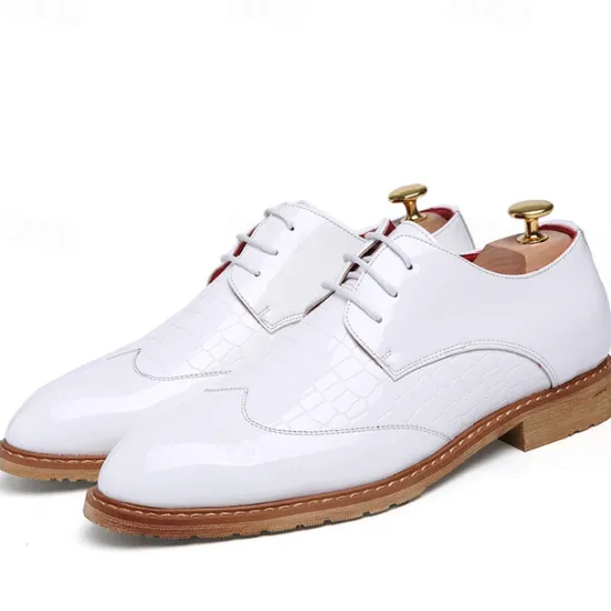 OUKU Men's White Patent Faux Leather Oxford Shoes with Crocodile Pattern and Wooden Sole - Sleek Formal Footwear for Weddings and Special Events