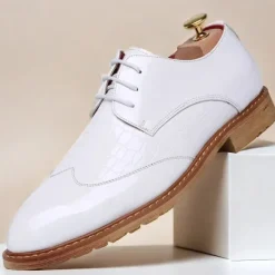OUKU Men's White Patent Faux Leather Oxford Shoes with Crocodile Pattern and Wooden Sole - Sleek Formal Footwear for Weddings and Special Events