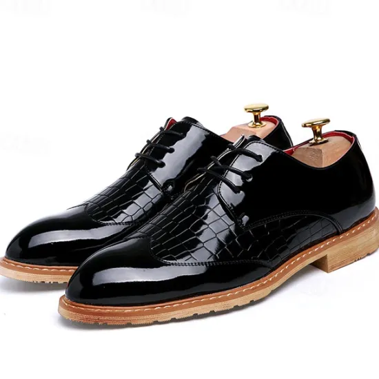 OUKU Men's White Patent Faux Leather Oxford Shoes with Crocodile Pattern and Wooden Sole - Sleek Formal Footwear for Weddings and Special Events