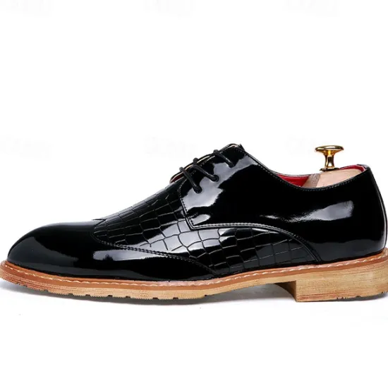 OUKU Men's White Patent Faux Leather Oxford Shoes with Crocodile Pattern and Wooden Sole - Sleek Formal Footwear for Weddings and Special Events