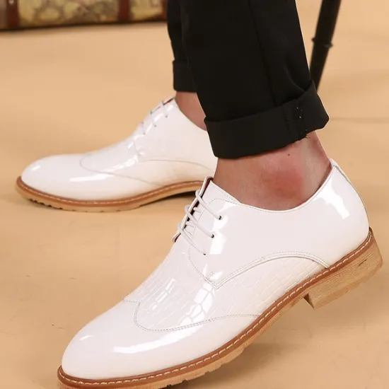 OUKU Men's White Patent Faux Leather Oxford Shoes with Crocodile Pattern and Wooden Sole - Sleek Formal Footwear for Weddings and Special Events