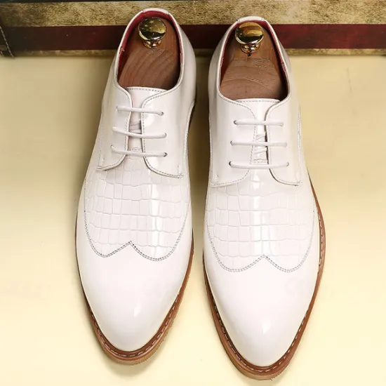 OUKU Men's White Patent Faux Leather Oxford Shoes with Crocodile Pattern and Wooden Sole - Sleek Formal Footwear for Weddings and Special Events