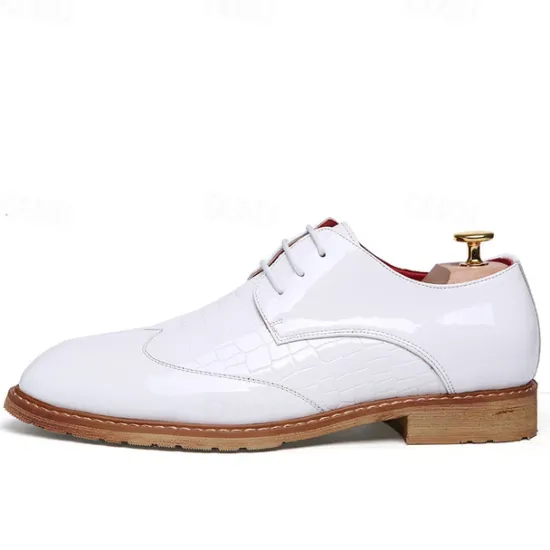 OUKU Men's White Patent Faux Leather Oxford Shoes with Crocodile Pattern and Wooden Sole - Sleek Formal Footwear for Weddings and Special Events