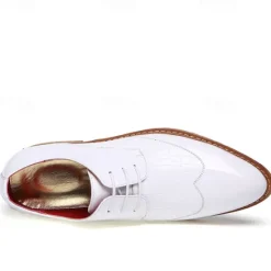 OUKU Men's White Patent Faux Leather Oxford Shoes with Crocodile Pattern and Wooden Sole - Sleek Formal Footwear for Weddings and Special Events