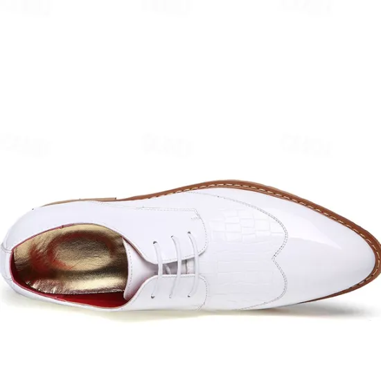 OUKU Men's White Patent Faux Leather Oxford Shoes with Crocodile Pattern and Wooden Sole - Sleek Formal Footwear for Weddings and Special Events