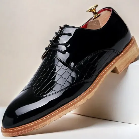 OUKU Men's White Patent Faux Leather Oxford Shoes with Crocodile Pattern and Wooden Sole - Sleek Formal Footwear for Weddings and Special Events