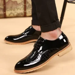 OUKU Men's White Patent Faux Leather Oxford Shoes with Crocodile Pattern and Wooden Sole - Sleek Formal Footwear for Weddings and Special Events