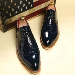 OUKU Men's White Patent Faux Leather Oxford Shoes with Crocodile Pattern and Wooden Sole - Sleek Formal Footwear for Weddings and Special Events